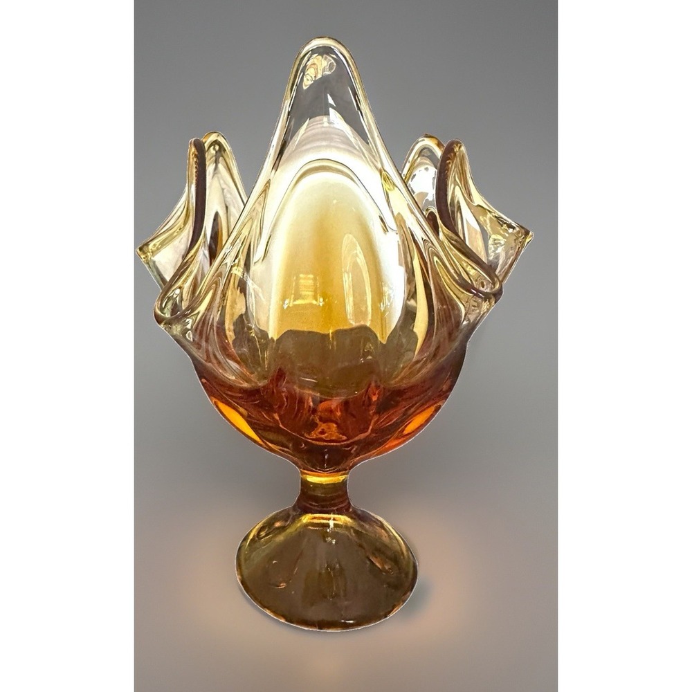 Viking Amber Art Glass Handkerchief Vase Six Petal Pedestal Mid Century 7.75" T - Picture 7 of 12